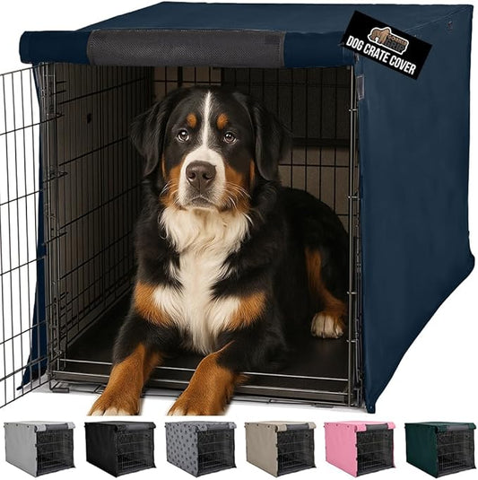 GORILLA GRIP Dog Crate Covers Compatible with Amazon Basics Dog Crates, All Sides Open, Privacy Cover Fits 48" Wire Kennel, Breathable Mesh Windows, Light Reducing Puppy Training Cage Topper, Navy