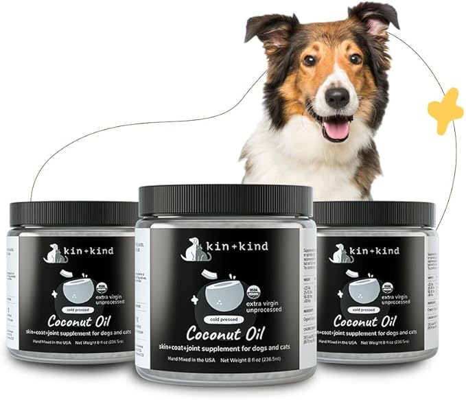 kin+kind Organic Coconut Oil for Dogs & Cats – Natural Pet Supplement for Healthy Skin, Coat & Paws – Cold Pressed Extra Virgin Coconut Oil – Dog Nose Balm for Itchy Skin & Dry Noses – 3 x 8 fl oz