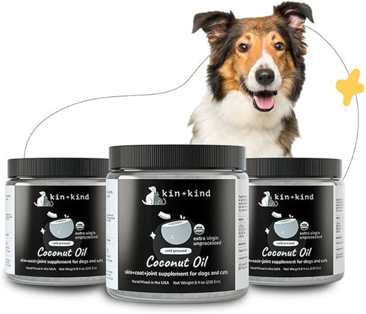 kin+kind Organic Coconut Oil for Dogs & Cats – Natural Pet Supplement for Healthy Skin, Coat & Paws – Cold Pressed Extra Virgin Coconut Oil – Dog Nose Balm for Itchy Skin & Dry Noses – 3 x 8 fl oz
