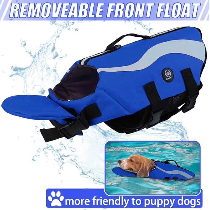 EMUST Dog Life Vests, Adjustable Dog Life Jackets for Boat with Front Float, High Visibility Safety Swimsuit, Royal Blue, Medium