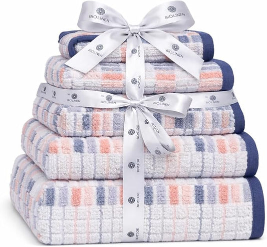 BIOLINEN 6-Piece Luxury Cotton Towel Set Blue - 2 Bath Towels, 2 Hand Towels, 2 Washcloths - Soft Absorbent Towel Pack for Bathroom, Home, Gym & Travel