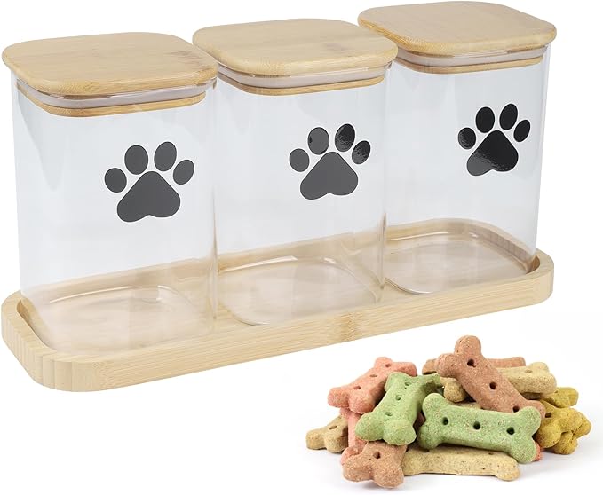 Morezi Dog Treat Container airtight Treats jar for countertop Closet Dog Food Storage 3 Jars with Tray Great for organizing pet Dogs Cats Birds Animal Food Treats Snack