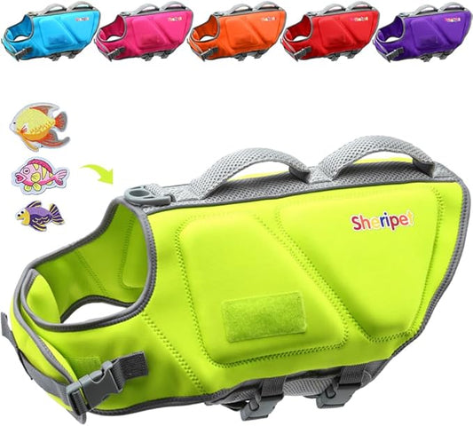 Dog Life Jacket for Large Dogs, Dog Life Vest for Swimming with Three Fashion Fabric Patches, Dogs Swim Jacket with Reflective Stripes and Double Rescue Handle, Pet Flotation Vest, XL