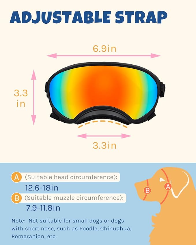 Large Dog Sunglasses, Dog Goggles Large Breed and Medium, UV Protection, Windproof, Dustproof and Snowproof. Shatterproof Lens, Adjustable Strap
