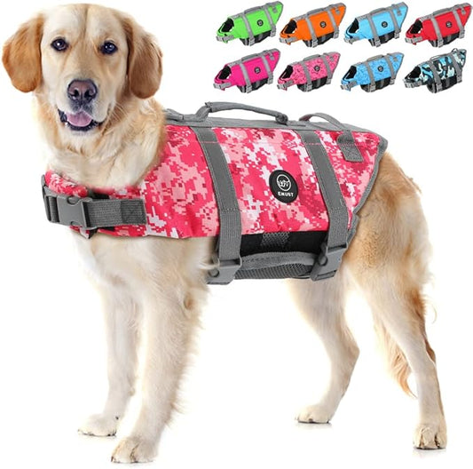 EMUST Dog Life Vests, Adjustable Pet Life Jacket with Rescue Handle, Dog Flotation Vest for Small/Medium/Large Dogs, XS, NewPinkCamouflage