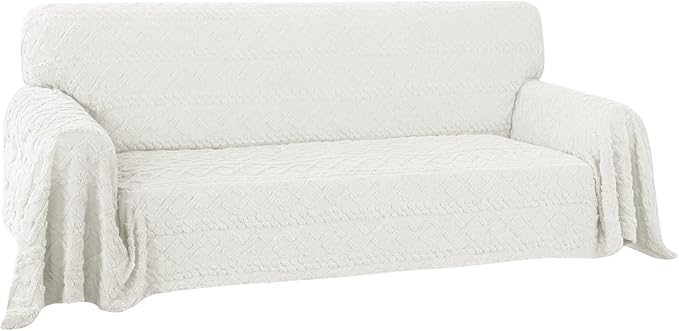 Easy-Going 80X133 inches Sofa Cover, Jacquard Velvet Oversized Couch Slipcover for 3 Cushion Couch, L Shape Sectional Covers for Dogs, Washable Sofa Blanket, Furniture Protector for Pets, Ivory