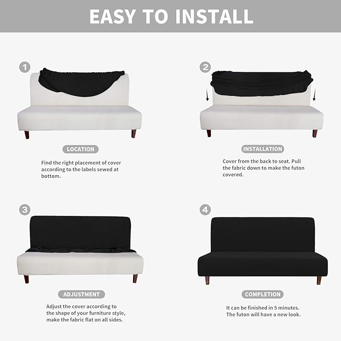 Easy-Going 100% Waterproof Futon Cover, Dual Waterproof Couch Cover for Futon, Stretch Jacquard Sofa Cover, Leakproof Furniture Protector for Kids, Pets, Dog and Cat (Medium, Black)