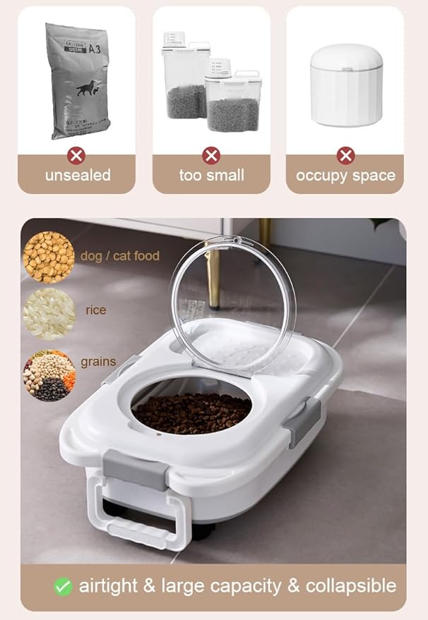 Airtight Dog Food Storage Container, Collapsible Pet Food Container with Casters, Scoop and Cup - Keeps Up to 25 Lbs and Large Capacity