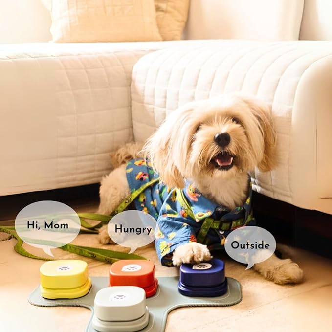 Dog Buttons for Communication Starter Pack Recordable Dog Talking Buttons Set Dog Training Speaking Buttons Dog Clicker with Mat & Stickers (4 Packs-Rubber Mat)