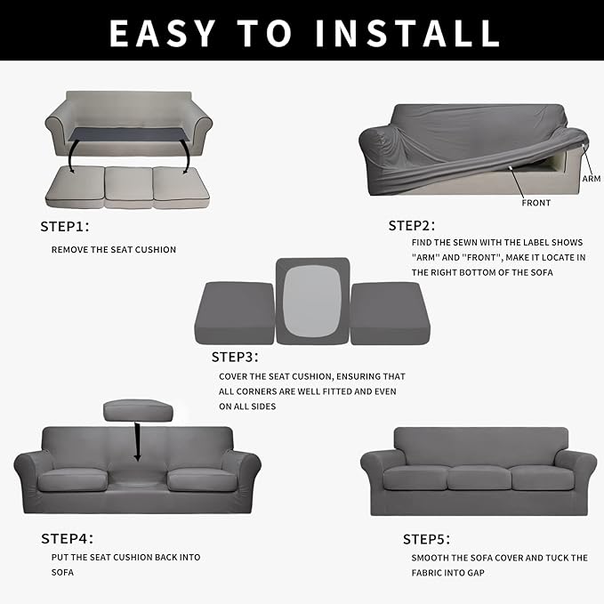Easy-Going 100% Dual Waterproof 4 Pieces Stretch Soft Couch Cover for Dogs, Sofa Slipcover for 3 Separate Cushion Couch Leakproof Furniture Protector for Kids, Pets Light Gray