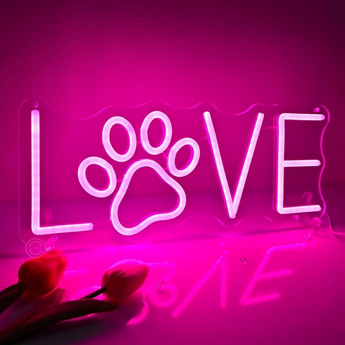 Britrio Pink Love LED Neon Light Sign Dog Paw Neon Sign Wall Decor for Pet Room Dog Cat Lover Girl Bedroom Wife Women Birthday Wedding Gift Living Room Home Decor Neon Night Light USB Powered 15.75”