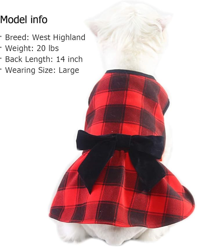 KYEESE Christmas Dog Dress Red Buffalo Check Dog Dresses with Bowtie for Small Medium Dog Dress