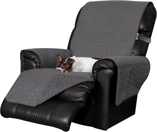 Furhaven Waterproof & Non-Slip Recliner Chair Cover Protector w/ Side Pockets for Dogs, Cats, & Children - Quilted Paw Print Living Room Furniture Cover - Gray, Recliner