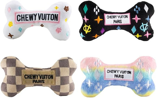 Haute Diggity Dog Large Chewy Vuiton Bones Plush Dog Toys for Small, Medium & Large Dogs, 4-Pack Durable Stuffed Designer-Inspired Pet Toys with Interactive Squeaker, Machine-Washable & Safe