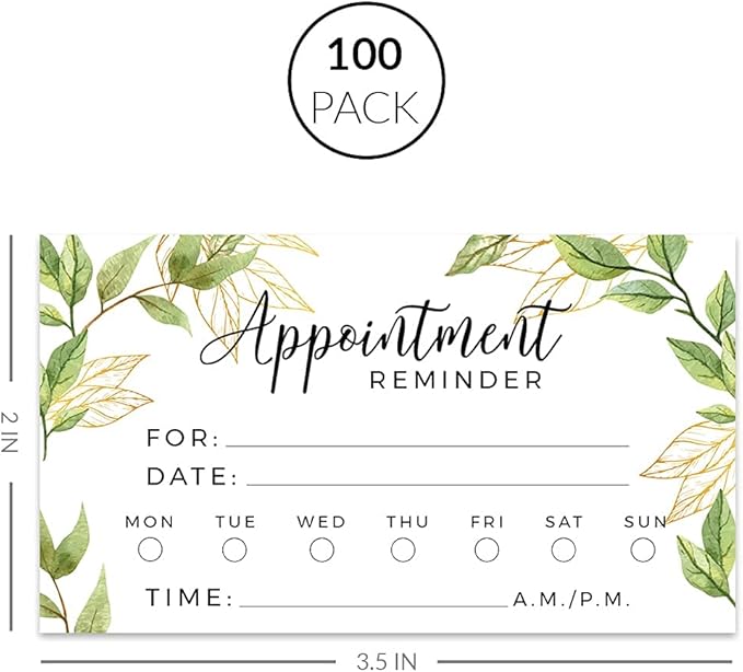Andaz Press Greenery Appointment Business Cards for Hair Salon, Client Reminder, Office, Massage, Grooming, Dental, Medical Doctor, Therapist, Hair Stylist, Nail Salon, Bulk 100 Cards, 2 x 3.5-Inch
