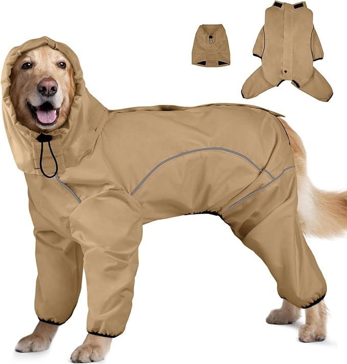 Dog Raincoat, Waterproof Dog Rain Jacket with Removable Hood，Adjustable 4 Legs Pet Poncho with Leash Hole，Reflective Stripe Hooded Snowproof Windproof Clothes for Small to 3X-Large Dogs, XL