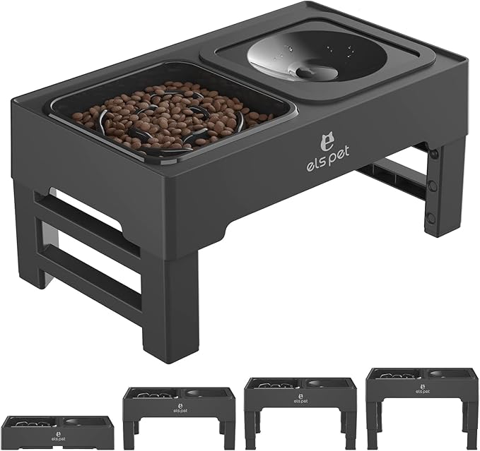 ELS PET Elevated Dog Bowls, Adjustable Raised Dog Bowls with No Spill Dog Water Bowl and Stainless Steel/Slow Feeder, Stand for Small Medium Large Dogs,Cats & Pets (Plastic)