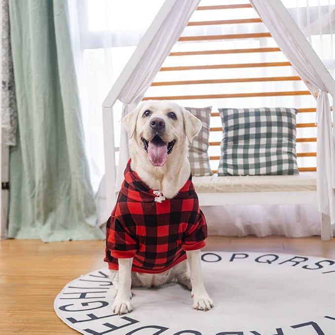 EXPAWLORER Plaid Dog Hoodie - British Style Warm Dog Sweater Shirt with Leash Hole,Pitbull Clothes Outfits,Winter Coat Apparel for All Breeds Puppy Girl Boy-Cat Apparel,Buffalo Check Medium