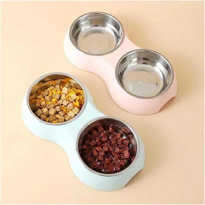 Double Pet Bowls Water Feeder Stainless Steel Drinking Dish Feeding Supplies Dog Accessories(Pink)