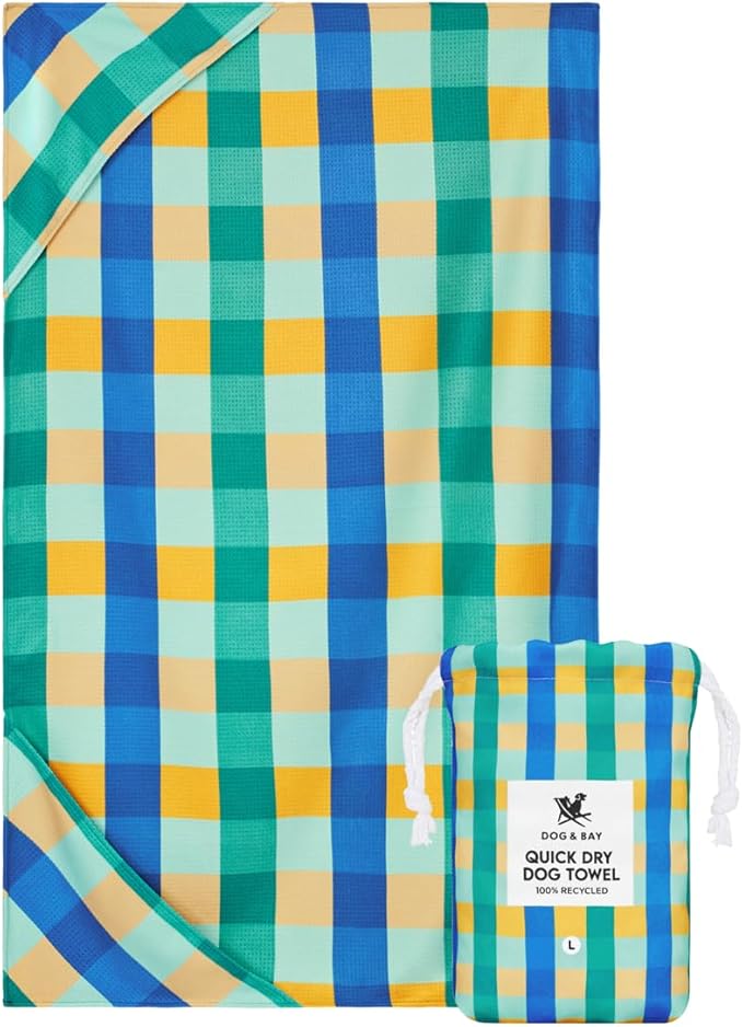 Dock & Bay Pet Towel - Super Absorbent & Quick Drying Dog Towels with Bag - 100% Recycled - Puppy Plaid, Large (120x70cm, 47x27)