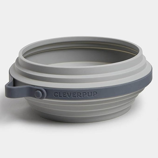 Cleverpup Nomad Large Collapsible Travel Dog Bowl - 4 Cup BPA-Free Silicone for Medium & Large Dogs, Portable, Food & Water, Dishwasher Safe - Grey