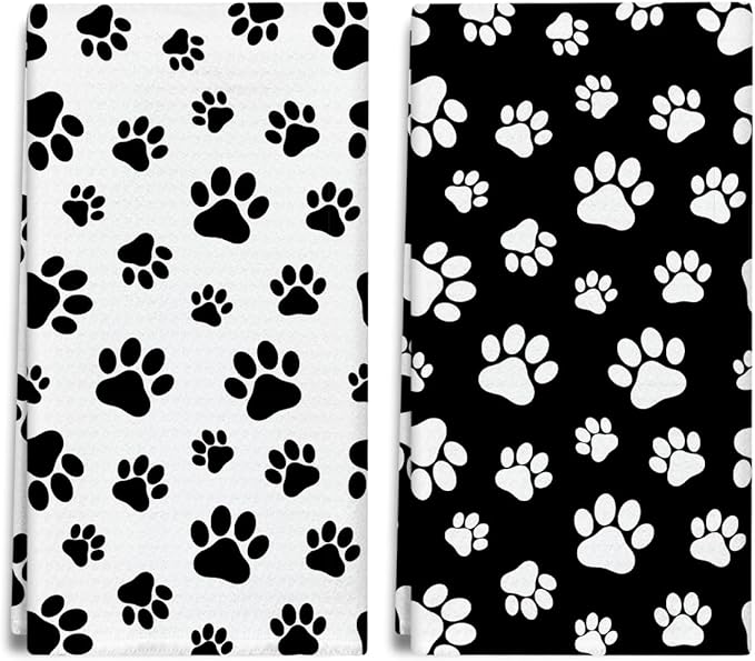 Black and White Dog Paw Print Kitchen Towels and Dishcloths Set of 2, Cute Decorative Hand Towel Drying Cloth for Bathroom, Gifts for Dog Lovers, Hostess, Women, 16x24 Inches -18