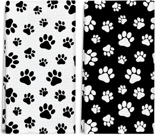 Black and White Dog Paw Print Kitchen Towels and Dishcloths Set of 2, Cute Decorative Hand Towel Drying Cloth for Bathroom, Gifts for Dog Lovers, Hostess, Women, 16x24 Inches -18