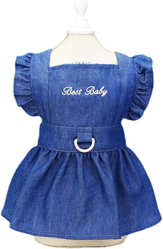 ANIAC Dog Denim Dresses for Small Medium Dogs Puppy Girl Clothes with Leash Ring Summer Cat Apparel with D-Ring Pet Dog Walking Harness Dress(Blue-2, X-Small)