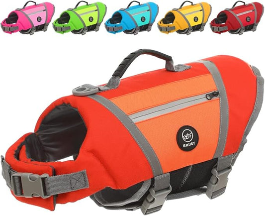 EMUST Dog Life Vests for Boating, Water-Resistant Dog Swimming Vest with Rescue Handle, Comfortable Fit Pet Life Jacket Medium with D-Ring for Rafting, Surfing, Canoeing, Orange, M