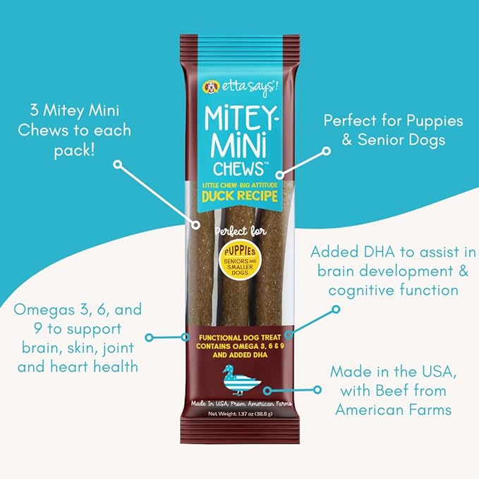 etta says! Mitey Mini Chews Dog Treats - Made in The USA - Grain-Free and Odor-Free - All-Natural Dog Chews - Perfect for Puppies and Senior Dogs - with Omega 3, 6, and 9 - Duck - 6 Pack - 18 Count