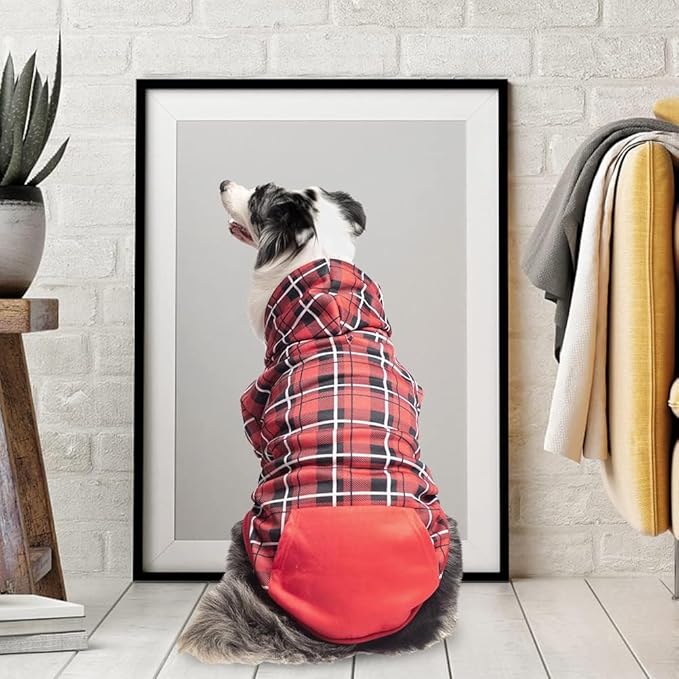 EXPAWLORER Plaid Dog Hoodie - British Style Warm Dog Sweater Shirt with Leash Hole,Pitbull Clothes Outfits,Winter Coat Apparel for All Breeds Puppy Girl Boy-Cat Apparel,Red Large