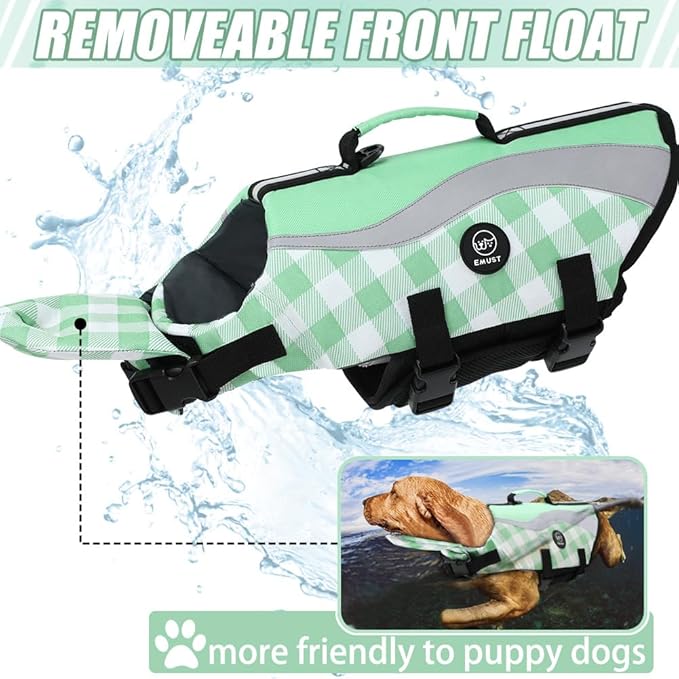 EMUST Life Vests for Dogs, Lightweight Small/Medium/Large Dog Life Preserver for Swimming/Boat/Water, Turquoise Check, XL