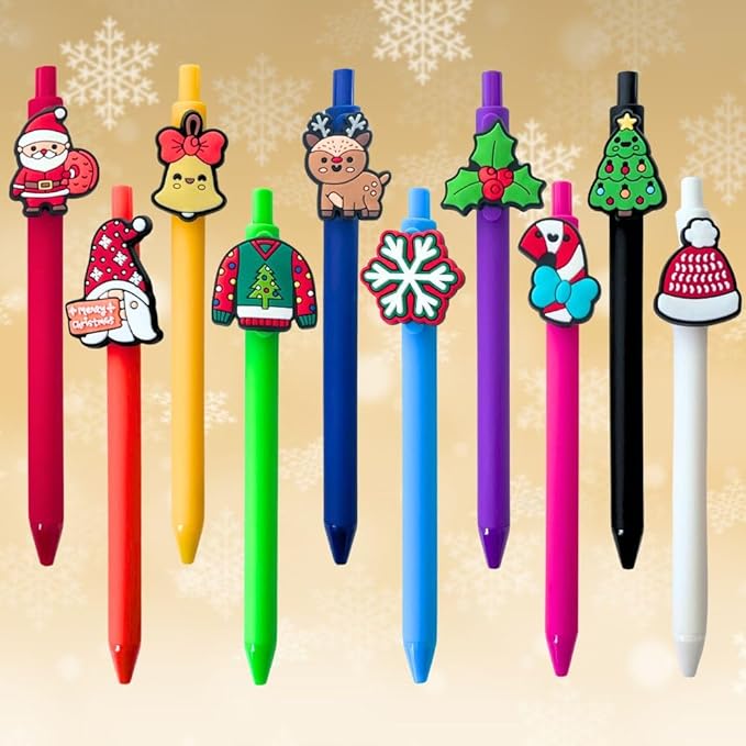 10PC Christmas Charm Pens Cute Fun Silicone Rubber Santa Snowman Reindeer Gingerbread Elf Novelty Pen Desk Accessories Holiday Decorations Xmas Exchange Gift Party Treats Bulk Gifts For Coworkers