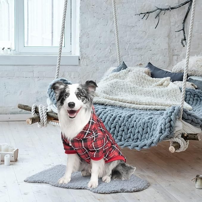 EXPAWLORER Plaid Dog Hoodie - British Style Warm Dog Sweater Shirt with Leash Hole,Pitbull Clothes Outfits,Winter Coat Apparel for All Breeds Puppy Girl Boy-Cat Apparel,Red X-Large