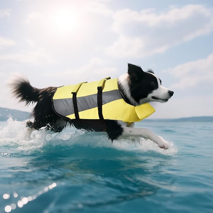 Amazon Basics Dog Adjustable Life Jacket with Reflective Stripes, Yellow, X-Large