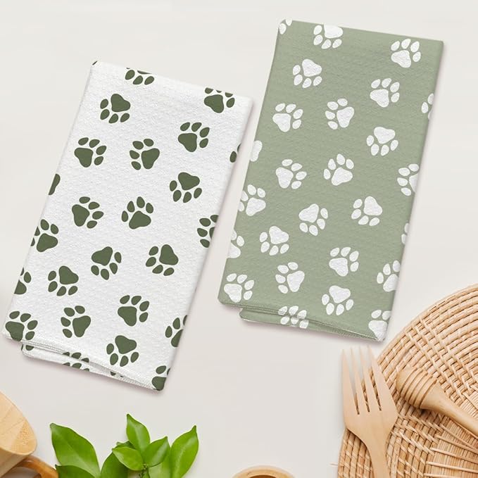 Sage Green Dog Paw Print Kitchen Towels and Dishcloths Set of 2, Cute Decorative Hand Towel Drying Cloth for Bathroom, Gifts for Dog Lovers, Hostess, Women, 16x24 Inches -19
