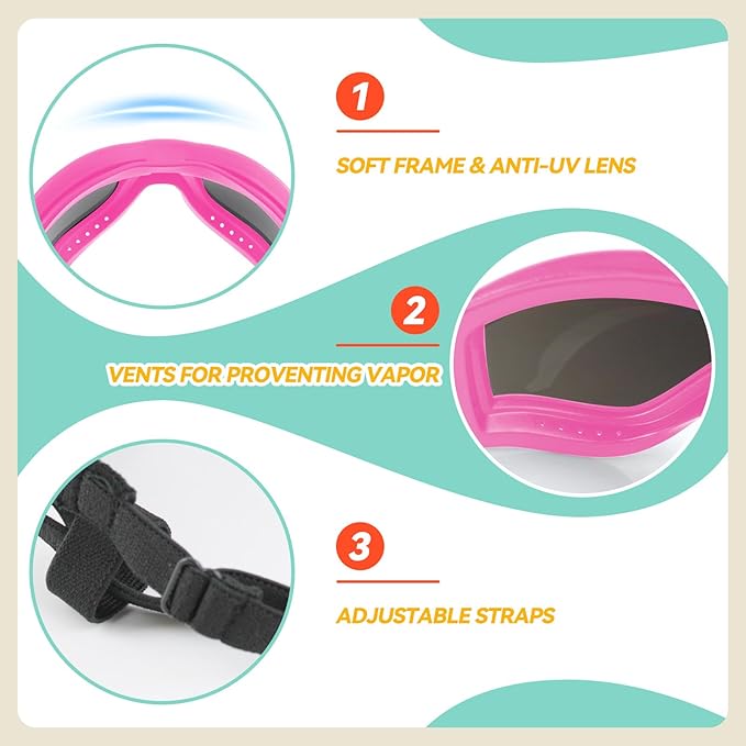Dog Goggles for Large Breed, Dog Sunglasses Medium Dogs, UV Protection Dustproof Doggy Goggles with Adjustable Straps, Pet Glasses for Medium to Large Breed, Pink