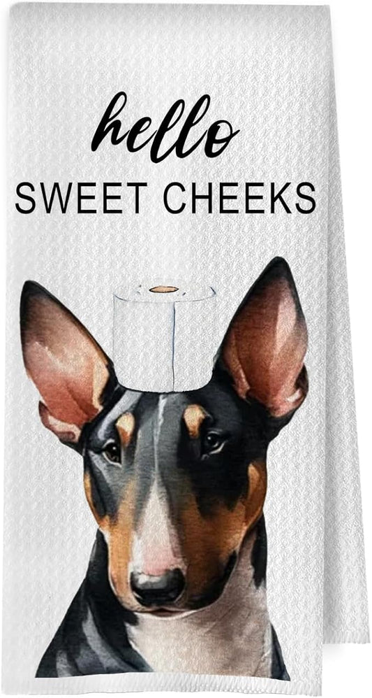 Bull Terrier Bathroom Decor - Funny Bull Terrier Gifts Waffle Decorative Hand Towels, Hello Sweet Cheeks Bathroom Decor, 16x24 Inches