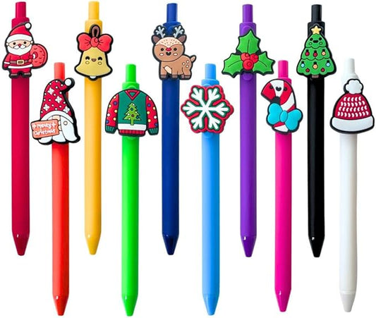 10PC Christmas Charm Pens Cute Fun Silicone Rubber Santa Snowman Reindeer Gingerbread Elf Novelty Pen Desk Accessories Holiday Decorations Xmas Exchange Gift Party Treats Bulk Gifts For Coworkers