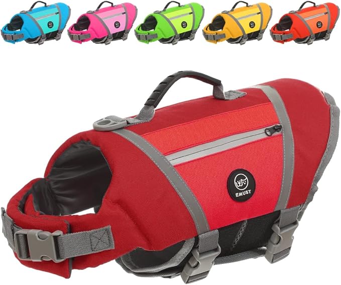 EMUST Dog Life Vests - Lightweight Floating Vest with Rescue Handle, Quick-Release Buckles, Adjustable Dog Lifejacket with Pockets for Bulldogs, Dachshunds, Corgis - Red, XXL