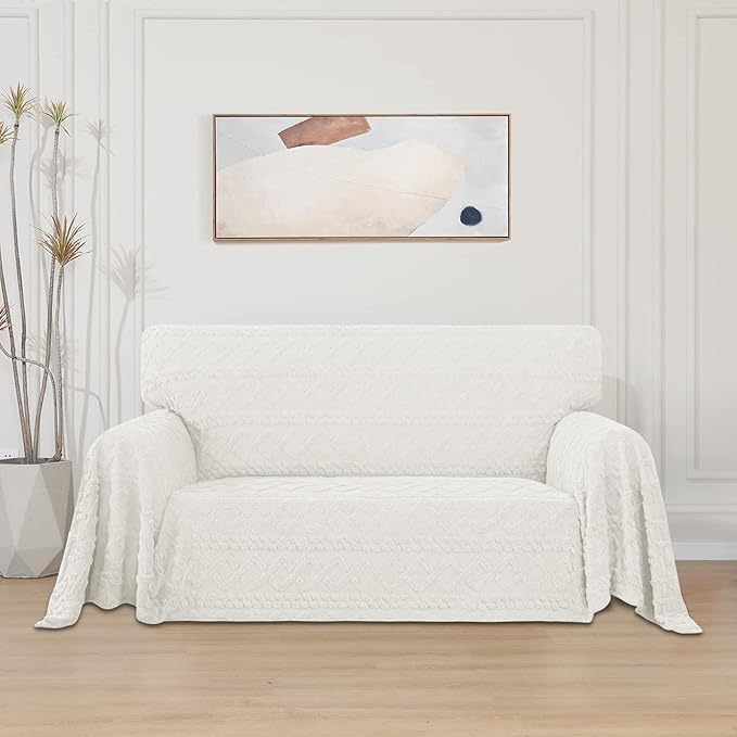 Easy-Going 80X118 inches Loveseat Sofa Cover, Jacquard Velvet Couch Slipcover for 2 Cushion Couch, L Shape Sectional Covers for Dogs, Washable Sofa Blanket, Furniture Protector for Pets, Ivory