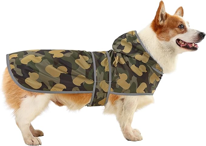 Dog Raincoat for Large Dogs Waterproof Jacket Hooded Rain Coats with Reflective Strips Leash Hole & Poncho Adjustable Fit (CamoDuck,L)