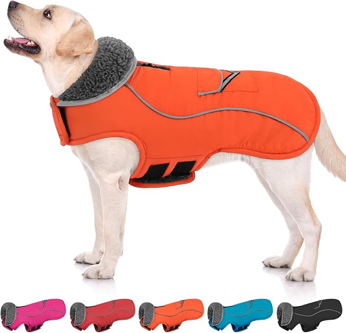 SUNFURA Large Dog Coat, Warm Dog Winter Coat Jacket with Thick Furry Collar, Adjustable Pet Fleece Jacket Turtleneck Snowsuit for Large Dogs for Chilly Day, Orange XL