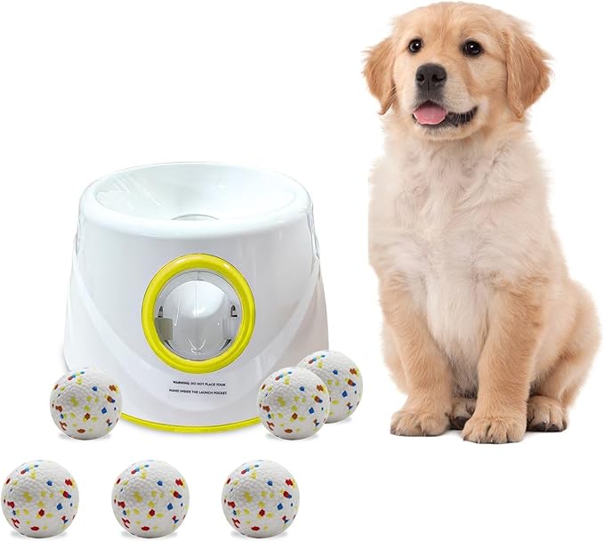 Automatic Ball Launcher for Dogs ，The Upgraded Ball Thrower Adjustable Distance 20-45ft Including 6 PCS 2.3-inch Sized ETPU Balls, Interactive Dog Toys Suitable for Small to Medium Sized Dogs