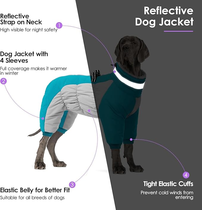 SUNFURA Full Body Dog Coat - Warm Fleece Jacket for Medium Dogs, Turtleneck Winter Coats with Harness, Reflective Dog Snowsuit Windproof Puffer Jackets with Legs for Boston Terrier, Turquoise M