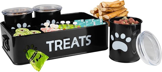 3-Compartment Dog Treat Container with Lids-Airtight 28oz Food Storage Containers for Pets & Snacks, Coated Galvanized Steel Countertop Canister, Kitchen Pantry Organization System-White (Black)