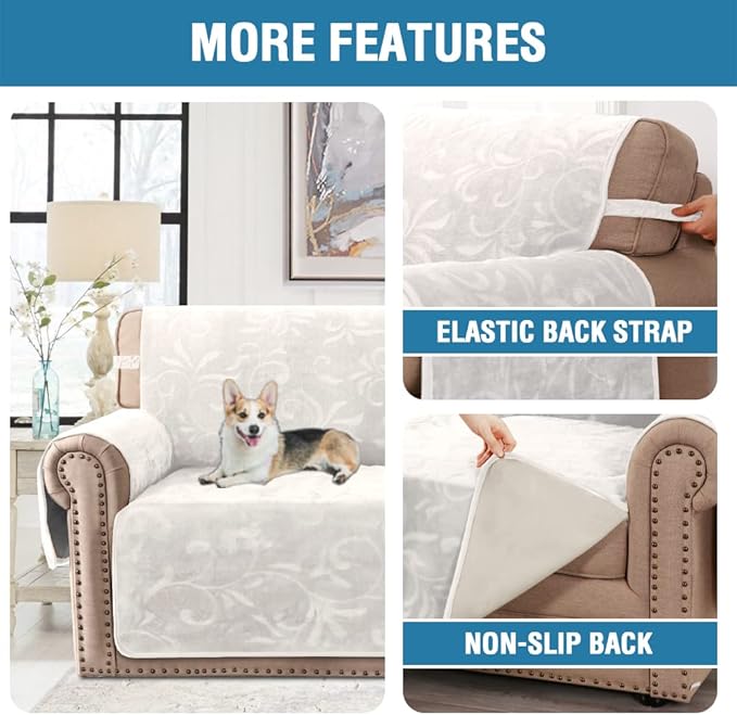 H.VERSAILTEX Sofa Slipcover 100% Waterproof Couch Cover Velvet Classic Flower Pattern Furniture Protector Non Slip with Elastic Straps for Pets Dogs Width Up to 52 Inch (Medium Sofa, Ivory)