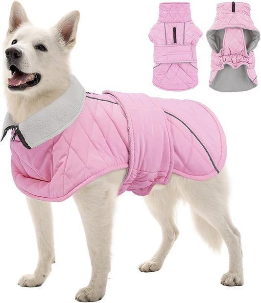 Kuoser Dog Coat, Super-Warm Dog Jacket Windproof Pet Cold Weather Coats for Extra Large Dogs, Fleece Lining Quilted Turtleneck Puppy Snowsuit Reflective Adjustable Doggie Winter Clothes, Pink, 2XL