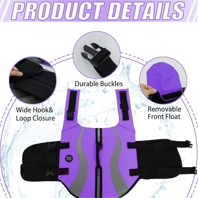 EMUST Dog Life Vests - Adjustable Dog Life Jackets with Front Float, High Visibility Safety Swimsuit for Medium Dogs, Purple