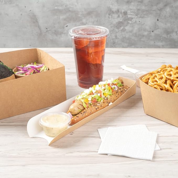 Restaurantware-Bio Tek 11.8 x 2 x 1.3 Inch Hot Dog Trays Pak of 200 Open-Design Hot Dog Containers - 3-Walled, Greaseproof, Recyclable, Disposable, Kraft Paper Serving Trays For Food Trucks